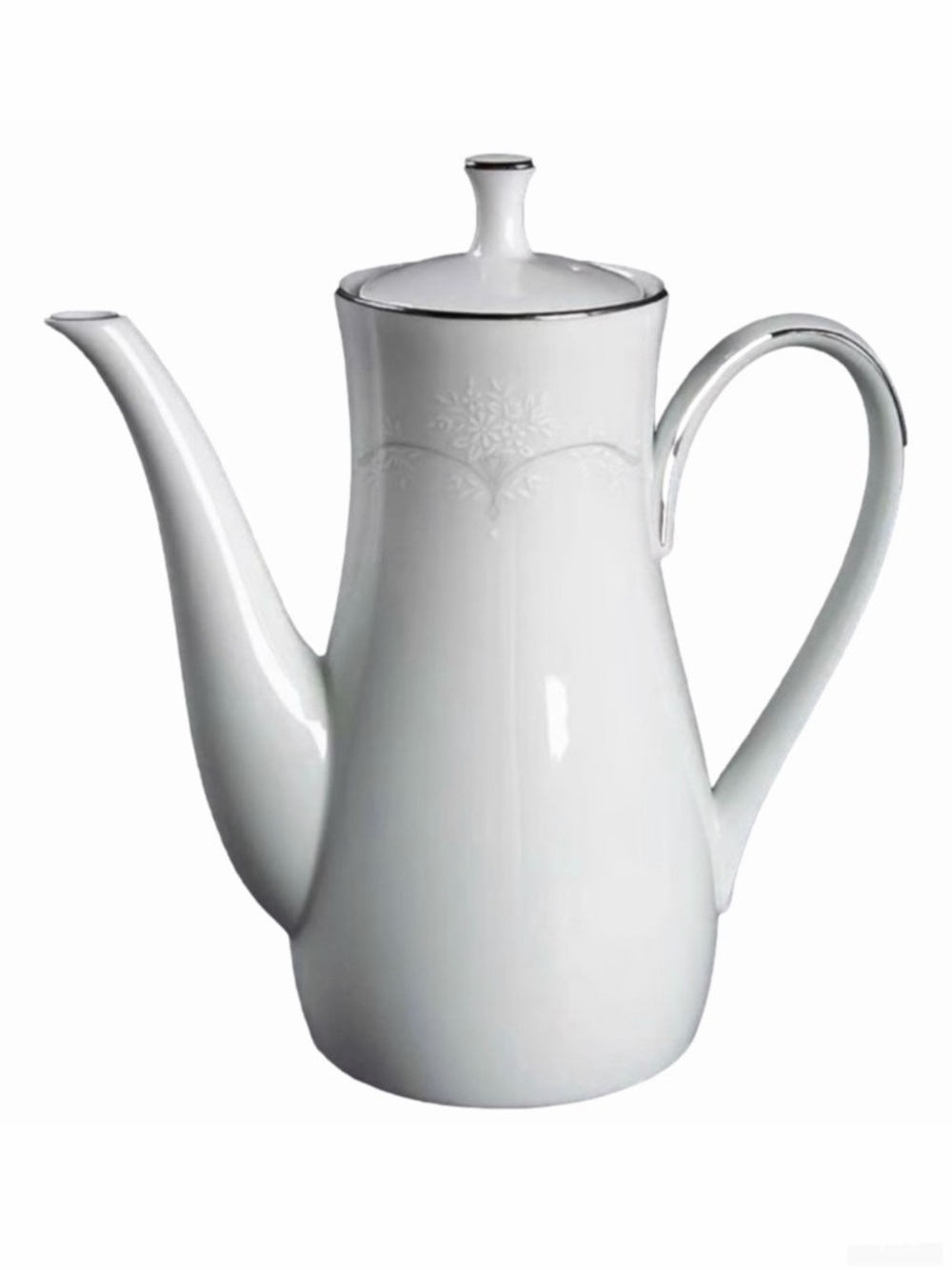 Noritake Whitebrook Coffee Pot & Lid 6441 White Platinum Floral Porcelain EUC